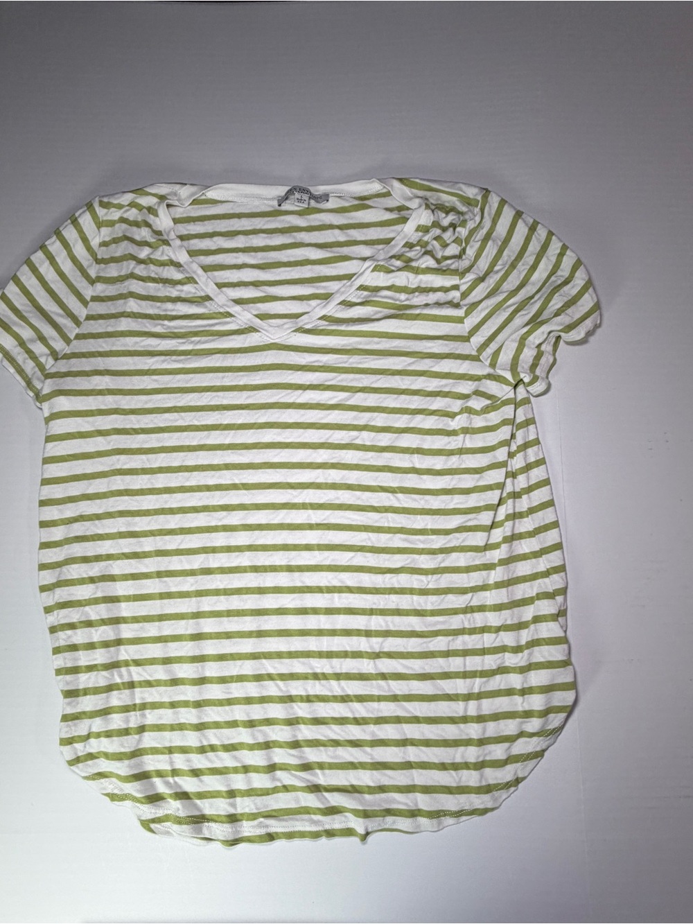 Green Envelope Striped V-Neck Short Sleeve Tee in Light Green and White